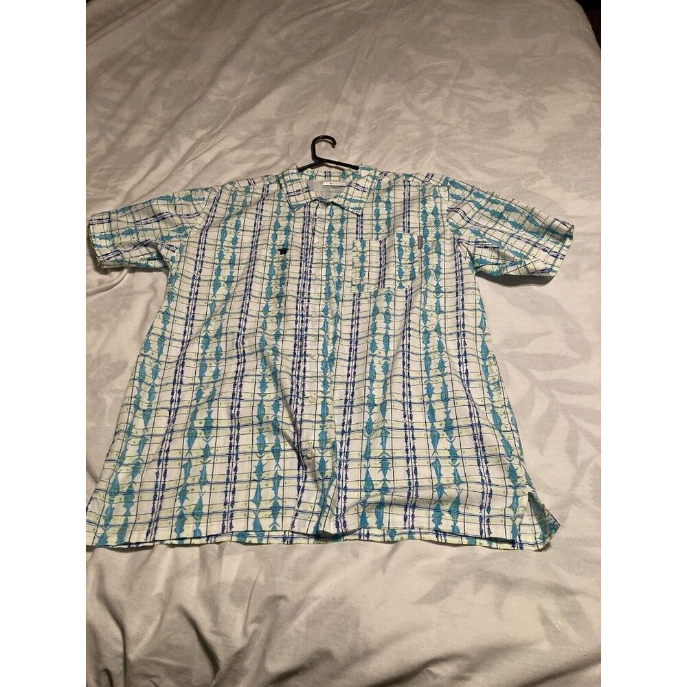Columbia Short-Sleeve Vented PFG White with Blue/Green/Yellow Stripes & Fish